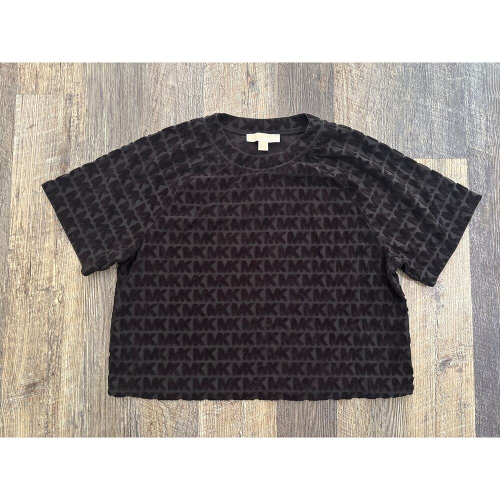 Michael Kors Womens Black MK Logo‎ Textured Velour Cropped Top Shirt Medium